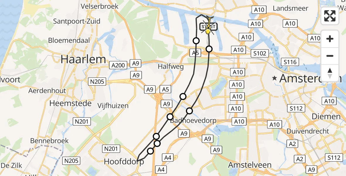 Routekaart van de vlucht: Lifeliner 1 naar Amsterdam Heliport, Corsicaweg