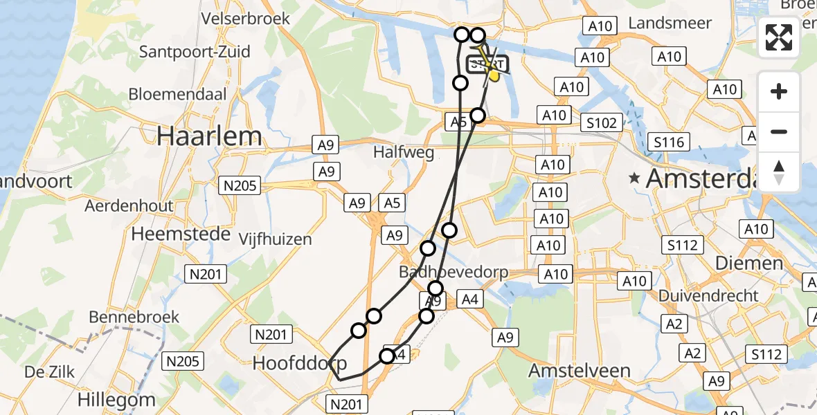 Routekaart van de vlucht: Lifeliner 1 naar Amsterdam Heliport, Hornweg