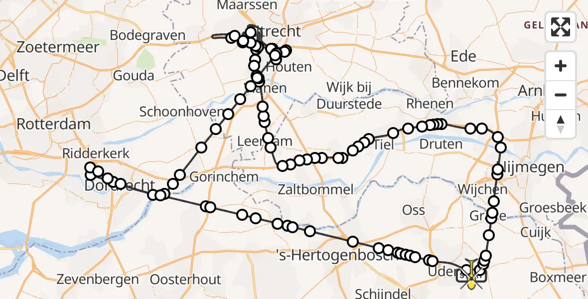 Routekaart van de vlucht: Politiehelikopter naar Vliegbasis Volkel, Zeelandsedijk
