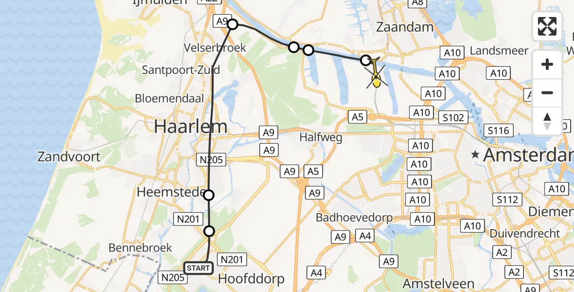 Routekaart van de vlucht: Lifeliner 1 naar Amsterdam Heliport, Spaarnepoort