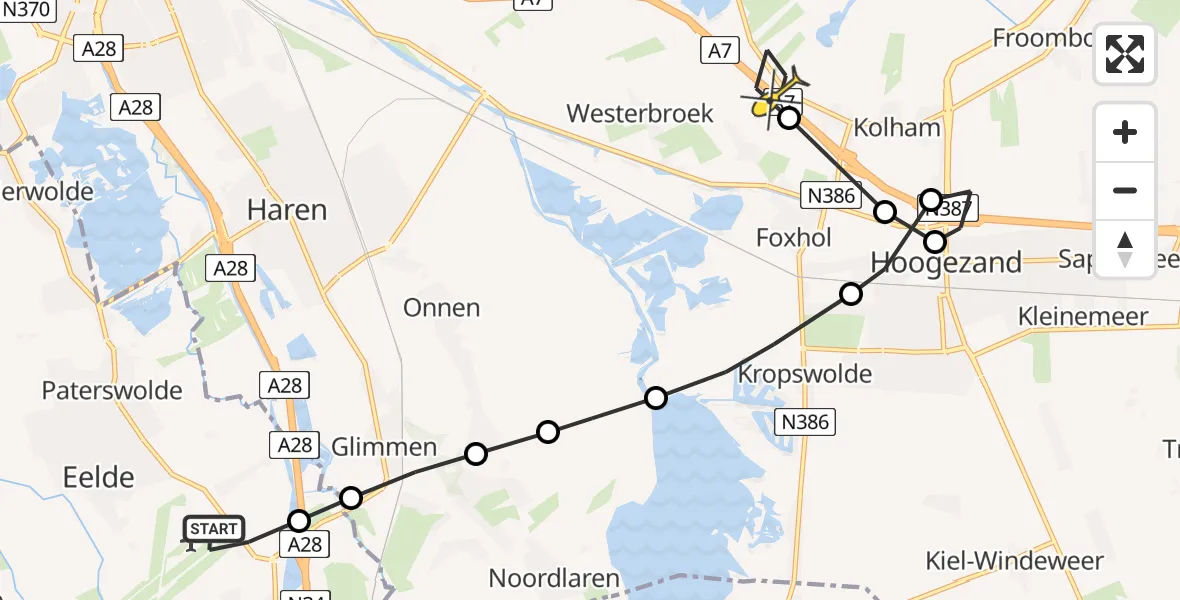 Routekaart van de vlucht: Lifeliner 4 naar Scharmer, Burgemeester J.G. Legroweg