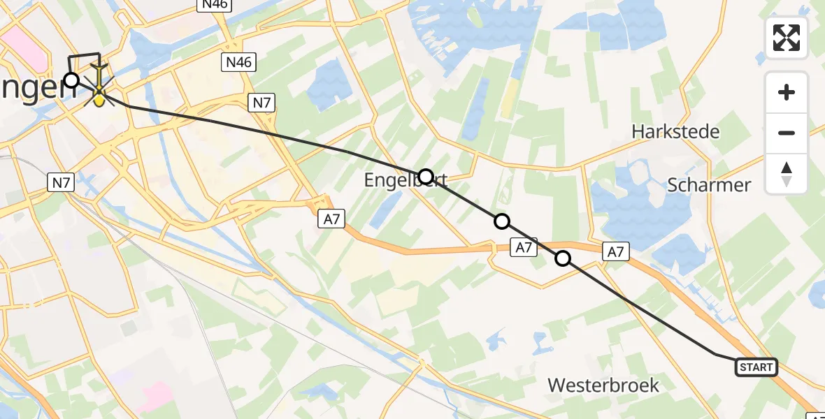 Routekaart van de vlucht: Lifeliner 4 naar Universitair Medisch Centrum Groningen, Borgweg