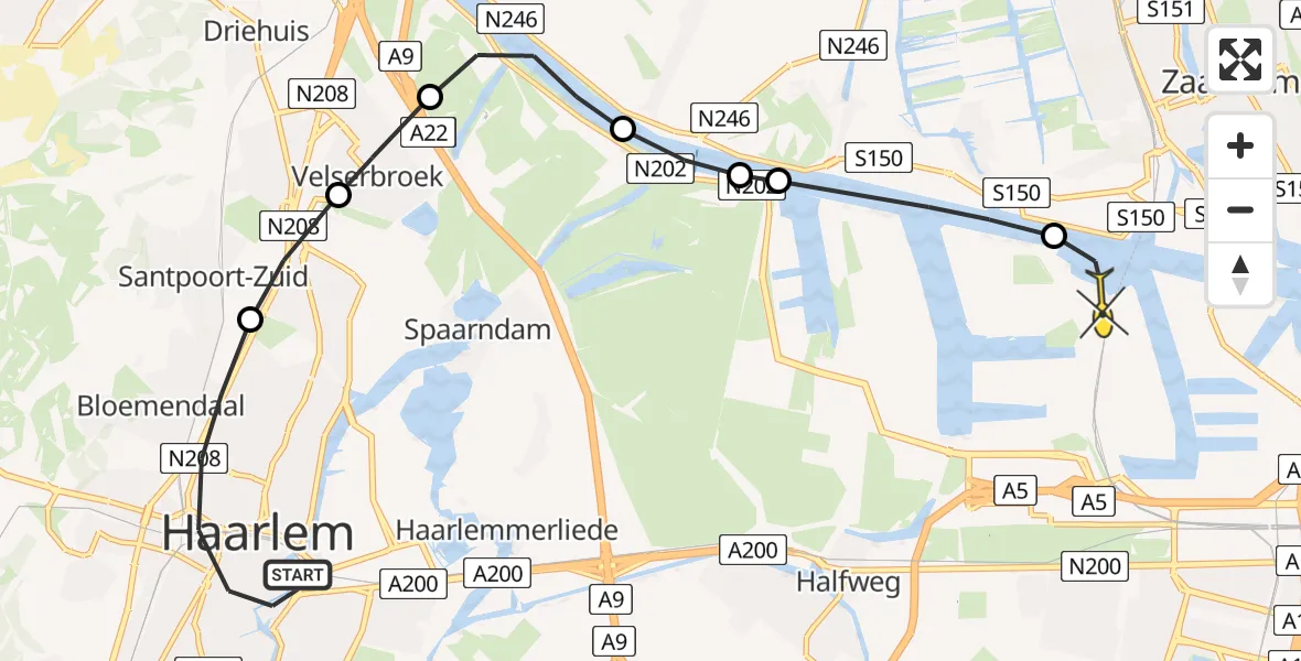 Routekaart van de vlucht: Lifeliner 1 naar Amsterdam Heliport, Jacobijnestraat
