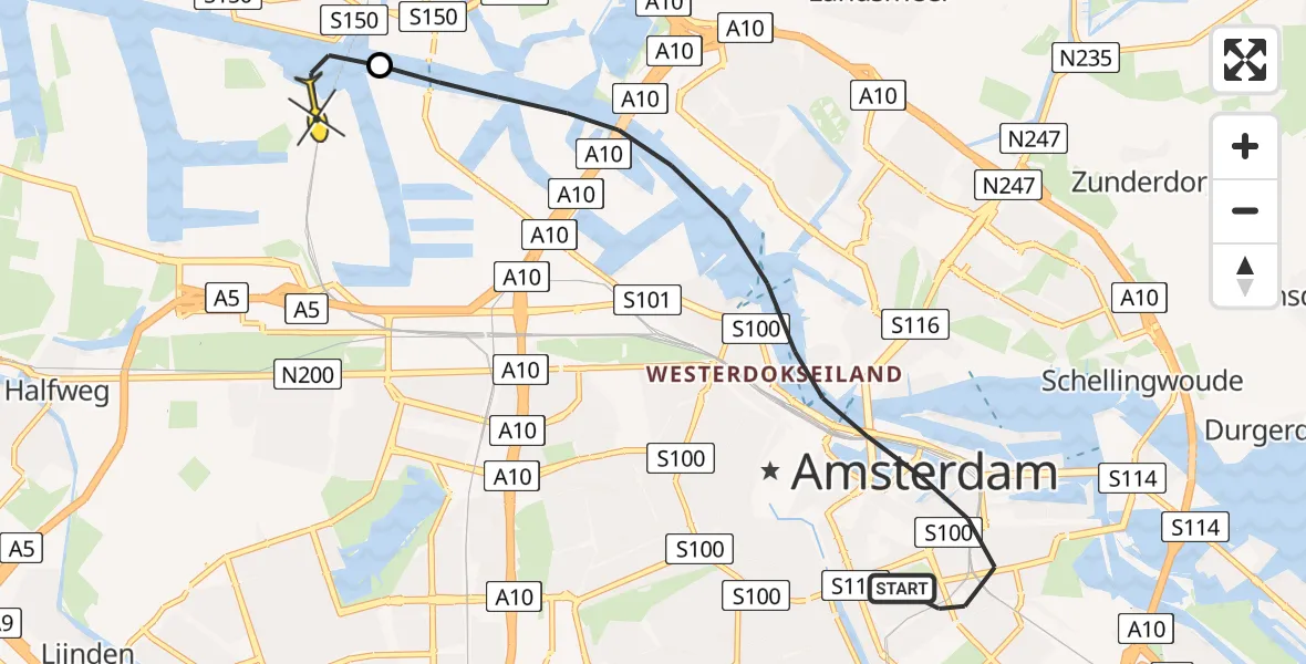 Routekaart van de vlucht: Lifeliner 1 naar Amsterdam Heliport, Sumatrastraat