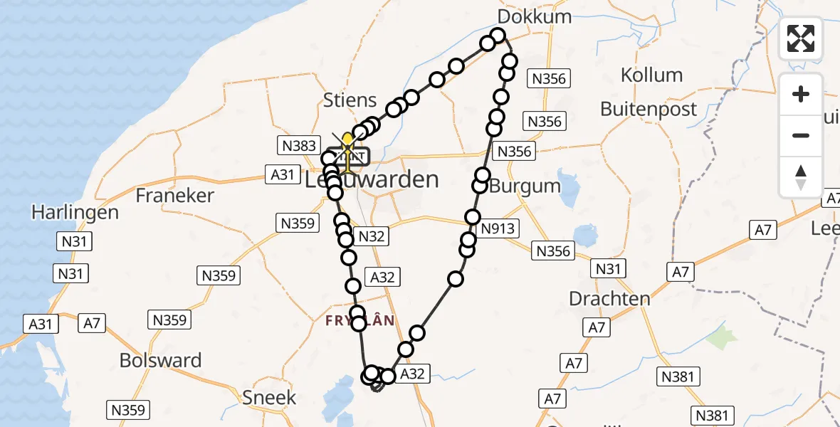 Routekaart van de vlucht: Ambulanceheli naar Vliegbasis Leeuwarden, Keegsdijkje
