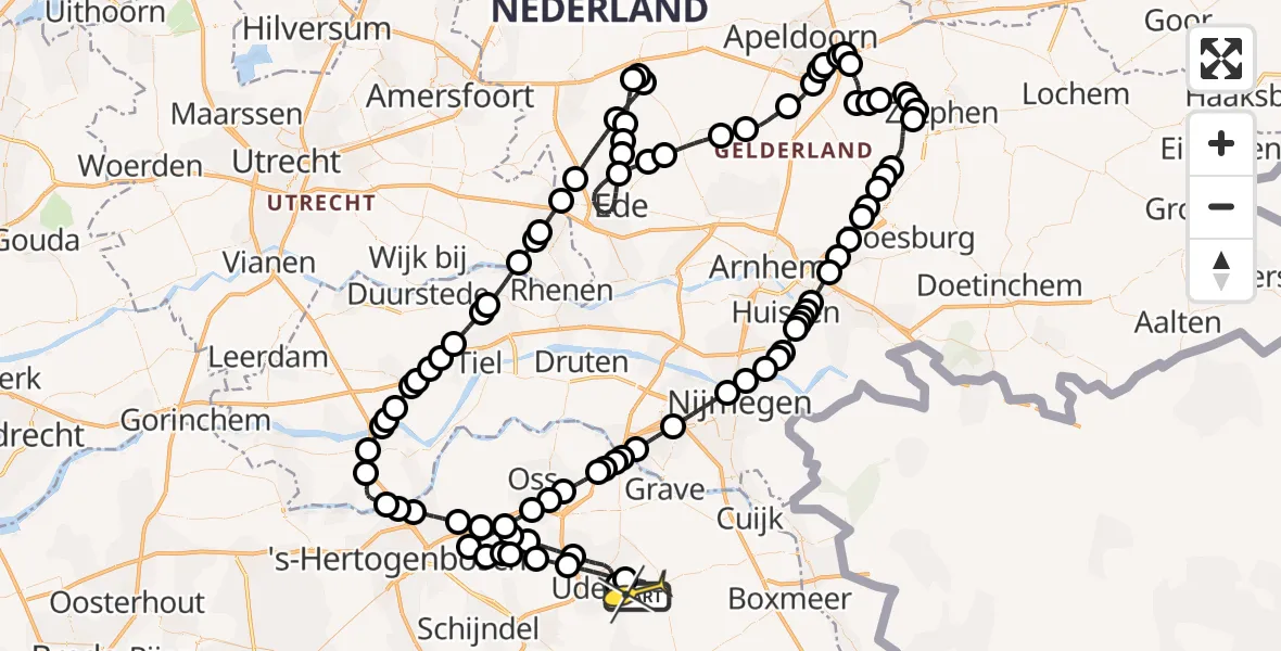 Routekaart van de vlucht: Politiehelikopter naar Vliegbasis Volkel, Zeelandsedijk