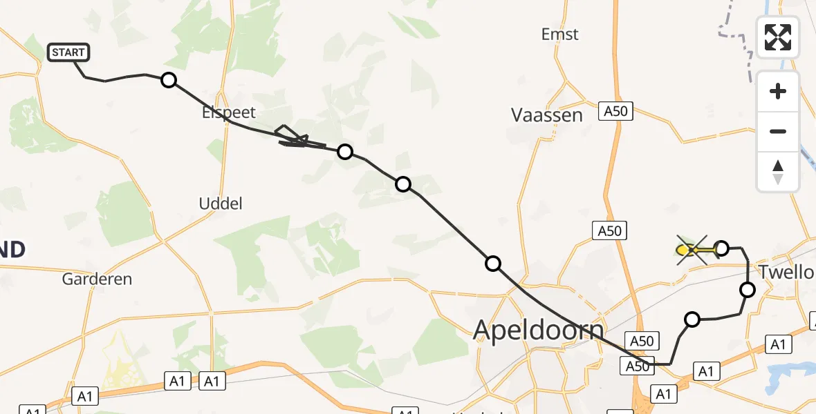 Routekaart van de vlucht: Politieheli naar Vliegveld Teuge, Jhr. Dr. C.J. Sandbergweg
