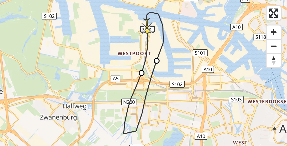 Routekaart van de vlucht: Lifeliner 1 naar Amsterdam Heliport, Nieuw-Zeelandweg