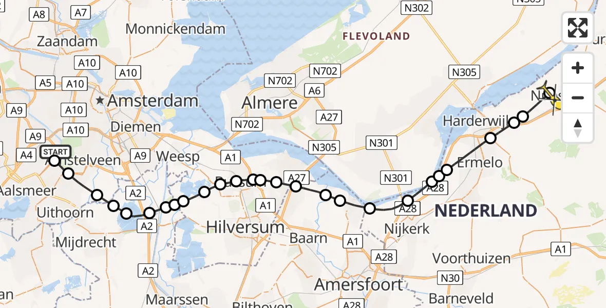 Routekaart van de vlucht: Politieheli naar Nunspeet, Van Weerden-Poelmanweg