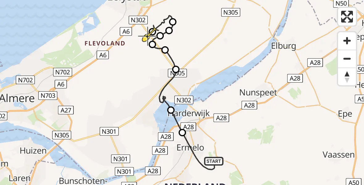 Routekaart van de vlucht: Politieheli naar Lelystad Airport, Drieërweg