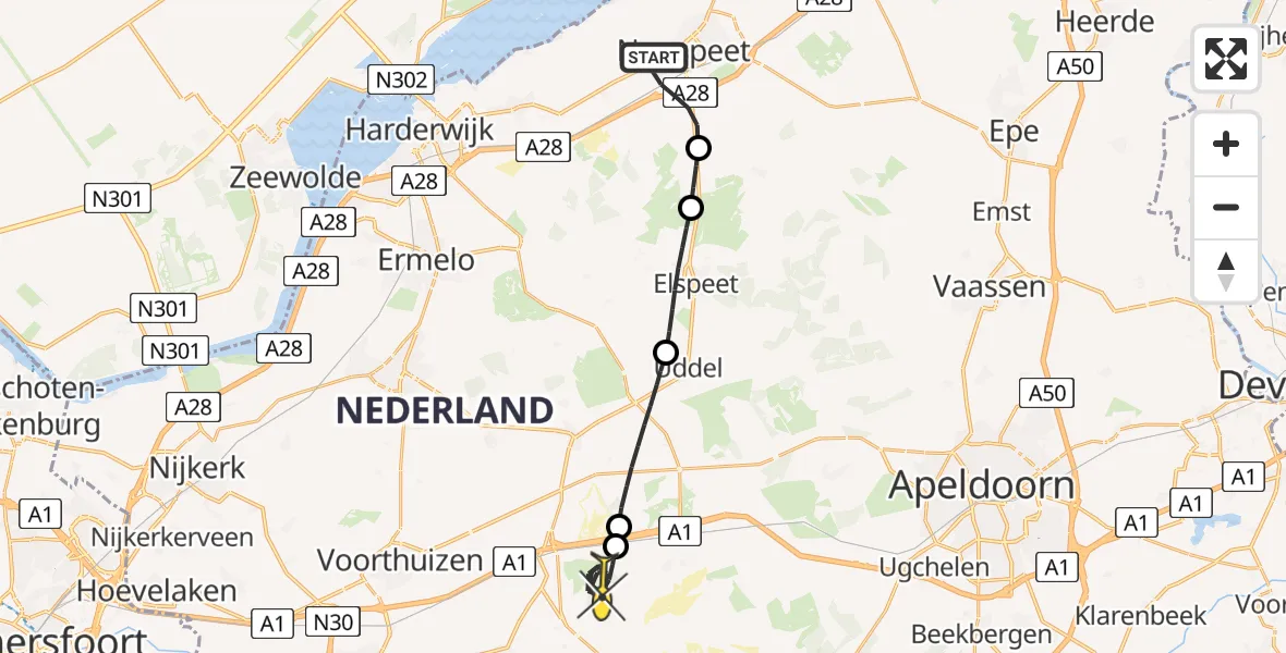 Routekaart van de vlucht: Politieheli naar Kootwijk, Energieweg