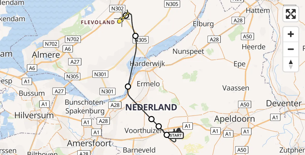 Routekaart van de vlucht: Politiehelikopter naar Lelystad Airport, Bosbergerweg