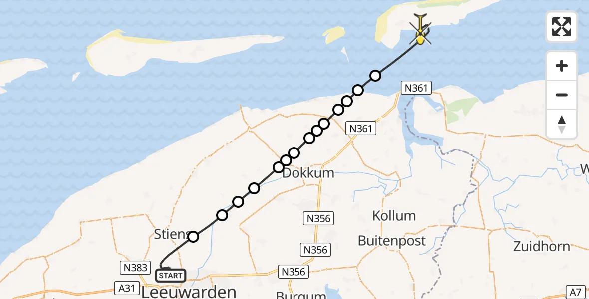 Routekaart van de vlucht: Ambulancehelikopter naar Schiermonnikoog, Keegsdijkje