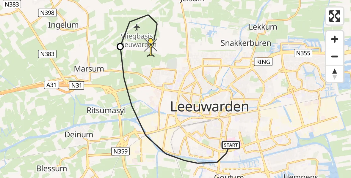 Routekaart van de vlucht: Ambulanceheli naar Vliegbasis Leeuwarden, Middelseefeart