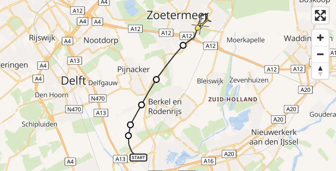 Routekaart van de vlucht: Lifeliner 2 naar Zoetermeer, Schieveense polder