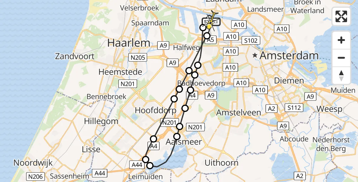 Routekaart van de vlucht: Lifeliner 1 naar Amsterdam Heliport, Nieuw-Zeelandweg