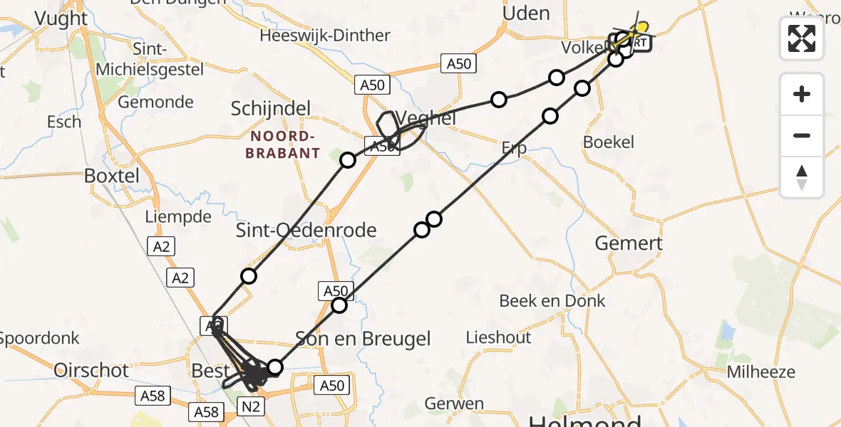 Routekaart van de vlucht: Politiehelikopter naar Vliegbasis Volkel, Oosterheidestraat