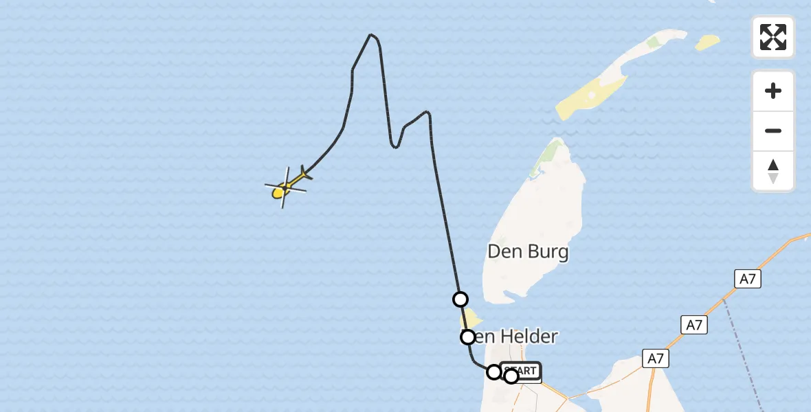 Routekaart van de vlucht: Kustwachthelikopter naar Kortevliet
