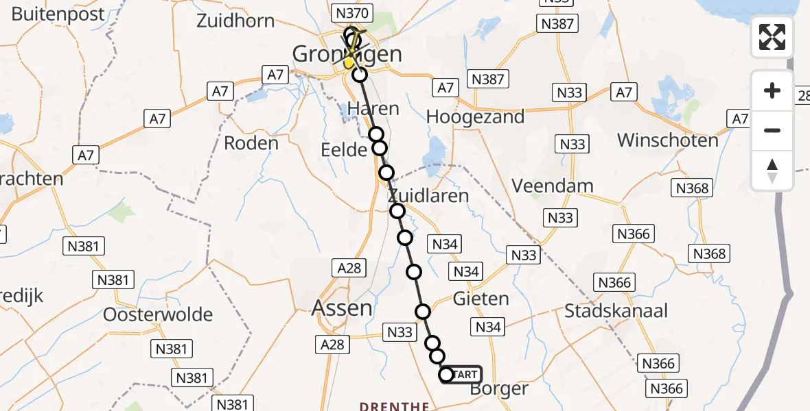 Routekaart van de vlucht: Lifeliner 4 naar Universitair Medisch Centrum Groningen, Vossenveen