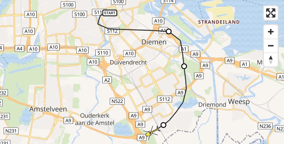 Routekaart van de vlucht: Lifeliner 1 naar Academisch Medisch Centrum (AMC), Lutmastraat