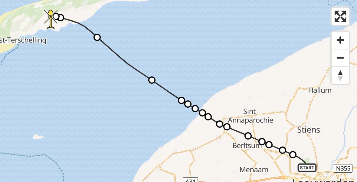 Routekaart van de vlucht: Ambulanceheli naar Midsland, Buitengebied Noordwest