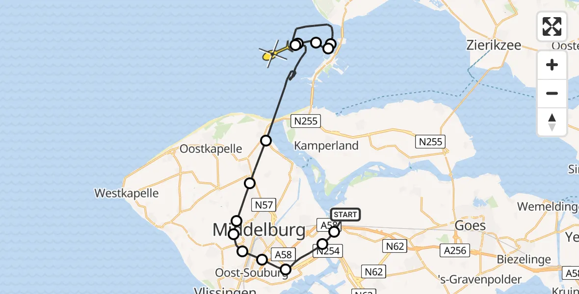 Routekaart van de vlucht: Kustwachthelikopter naar Vrouwenpolder, Postweg