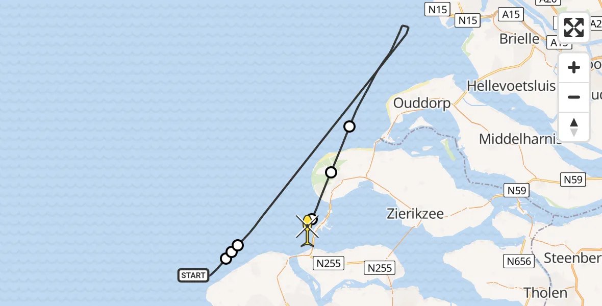 Routekaart van de vlucht: Kustwachthelikopter naar Vrouwenpolder, Noordelijke Pier