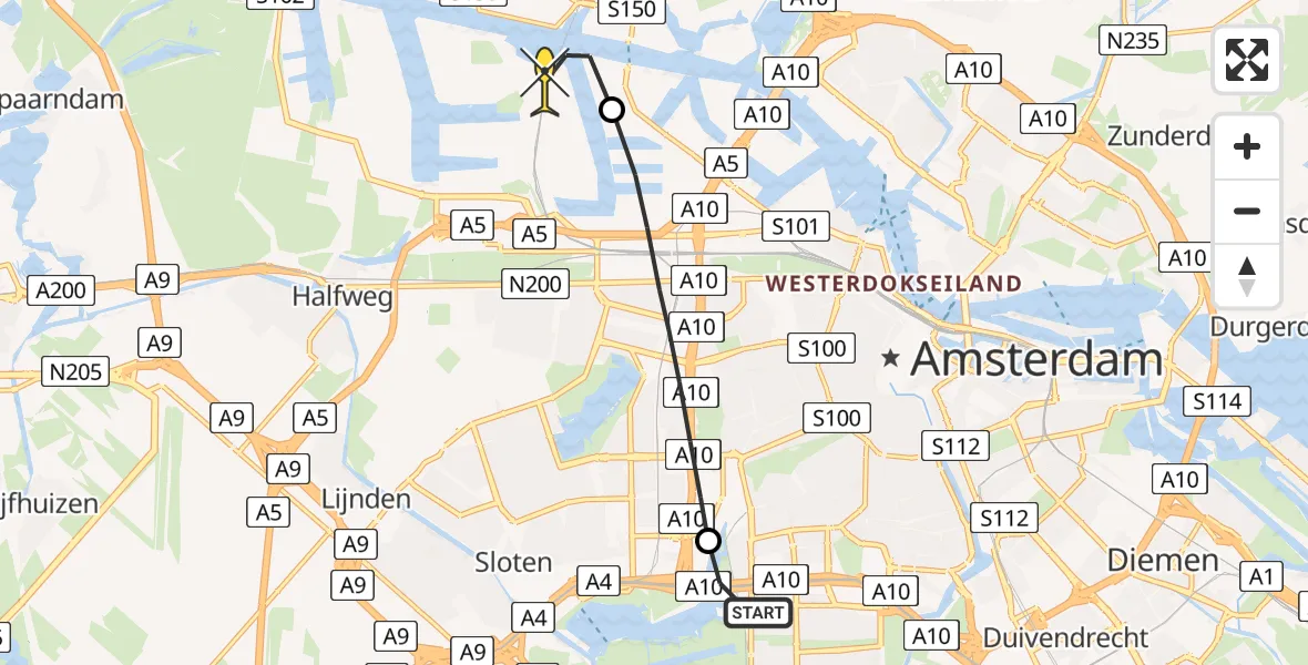 Routekaart van de vlucht: Lifeliner 1 naar Amsterdam Heliport, Jachthavenweg