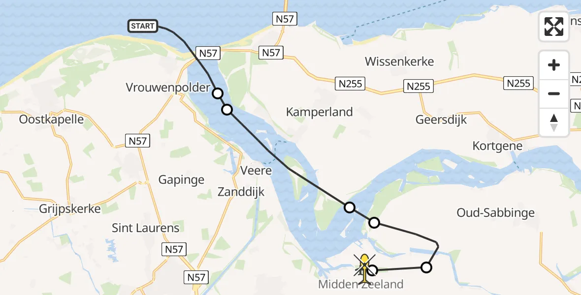 Routekaart van de vlucht: Kustwachthelikopter naar Vliegveld Midden-Zeeland, Strand Vrouwenpolder