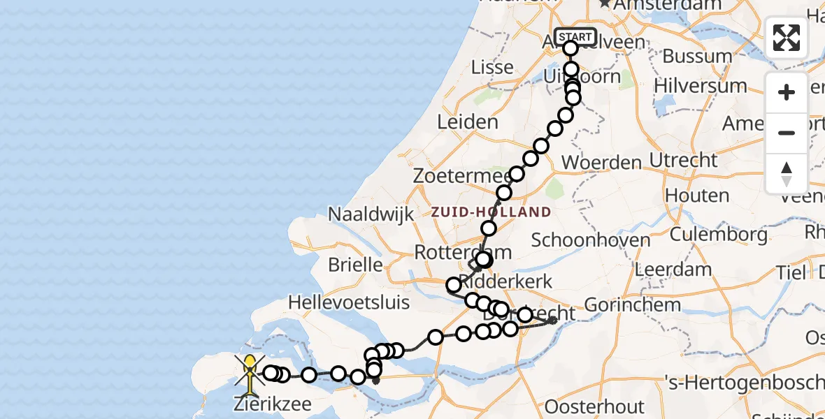 Routekaart van de vlucht: Politieheli naar Kerkwerve, Amsterdam-Bataviaweg