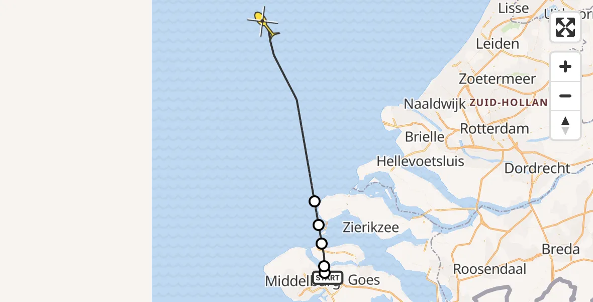 Routekaart van de vlucht: Kustwachthelikopter naar Schenge