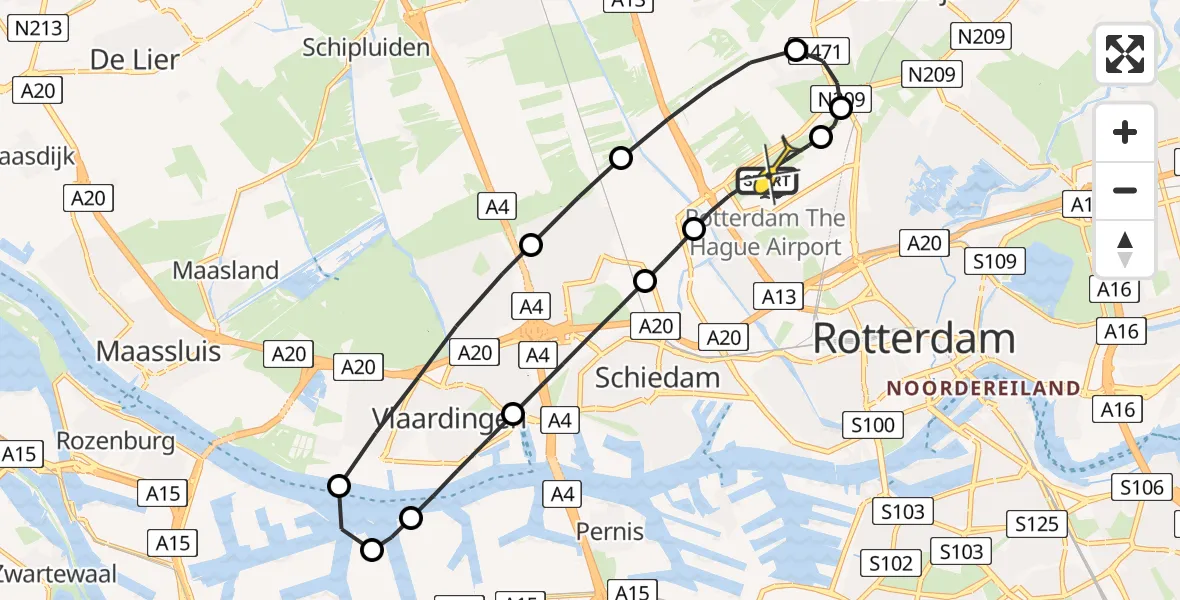 Routekaart van de vlucht: Kustwachthelikopter naar Rotterdam The Hague Airport, Delftweg