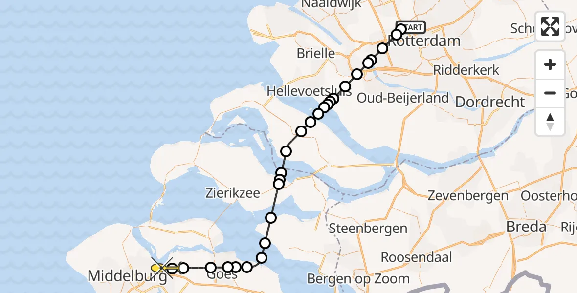 Routekaart van de vlucht: Kustwachthelikopter naar Vliegveld Midden-Zeeland, Delftweg