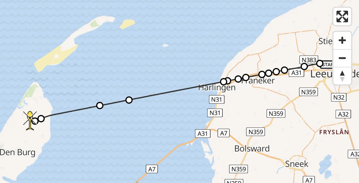 Routekaart van de vlucht: Ambulanceheli naar Texel International Airport, Ljouwerterdyk