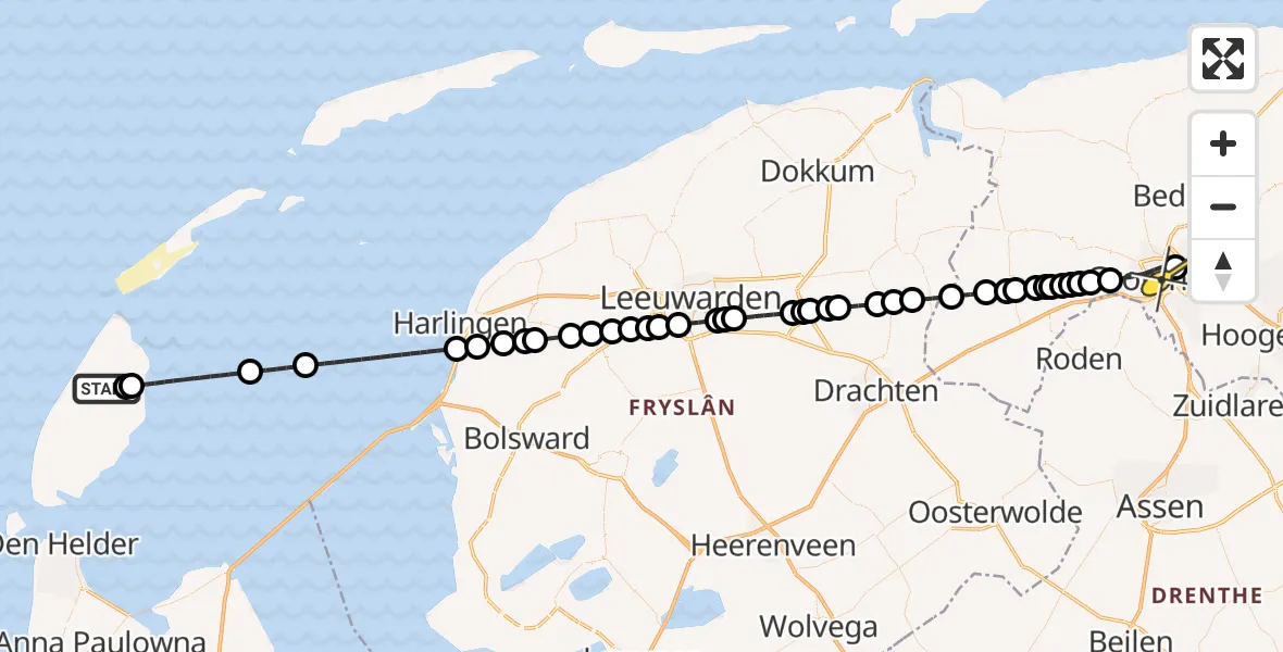 Routekaart van de vlucht: Ambulanceheli naar Universitair Medisch Centrum Groningen, Hogezandskil