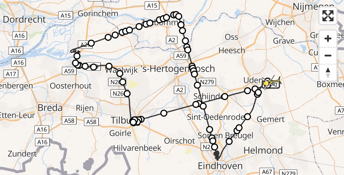 Routekaart van de vlucht: Politiehelikopter naar Vliegbasis Volkel, Rouwstraat