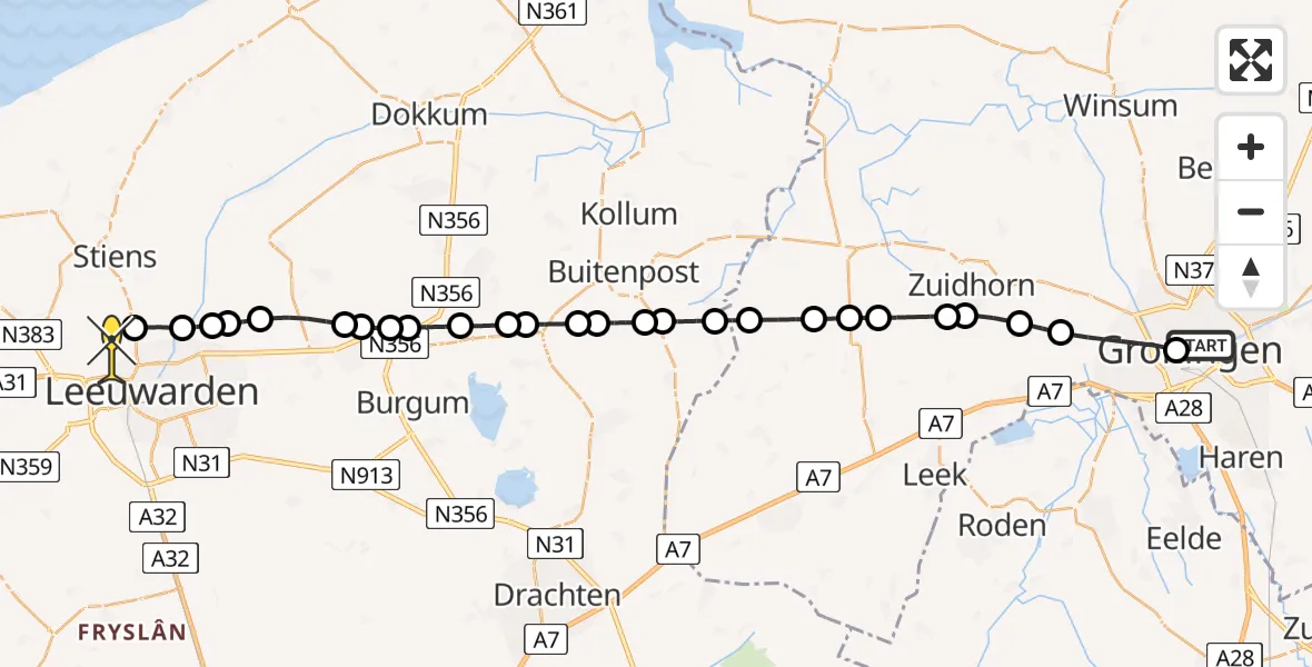 Routekaart van de vlucht: Ambulancehelikopter naar Vliegbasis Leeuwarden, Hoge der A
