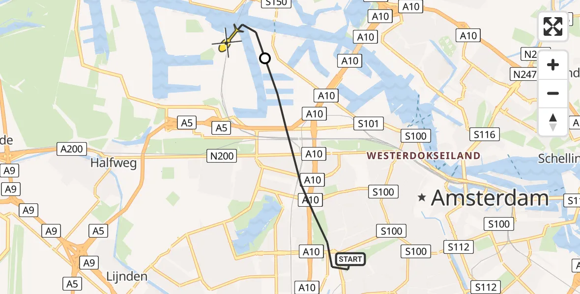 Routekaart van de vlucht: Lifeliner 1 naar Amsterdam Heliport, Postjeskade