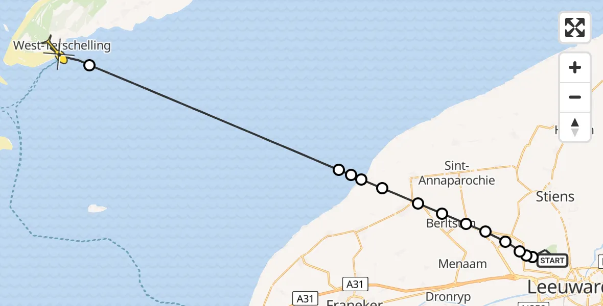 Routekaart van de vlucht: Ambulanceheli naar West-Terschelling, Keegsdijkje