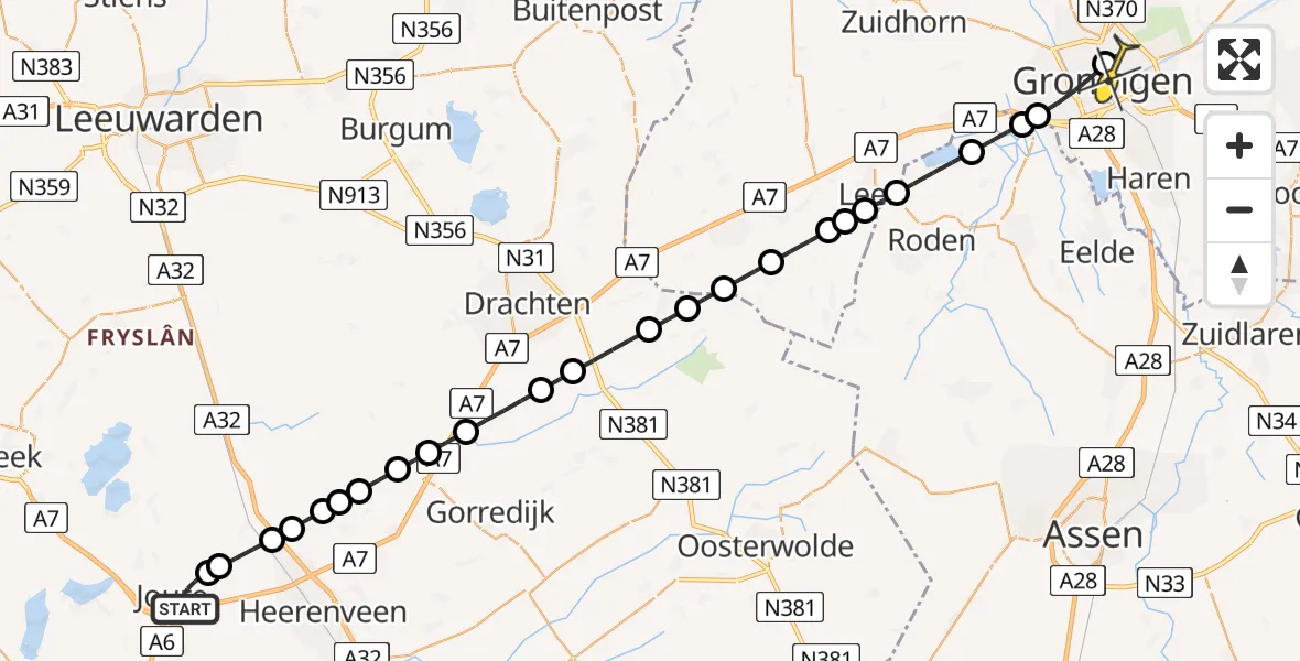 Routekaart van de vlucht: Lifeliner 4 naar Universitair Medisch Centrum Groningen, Steiger