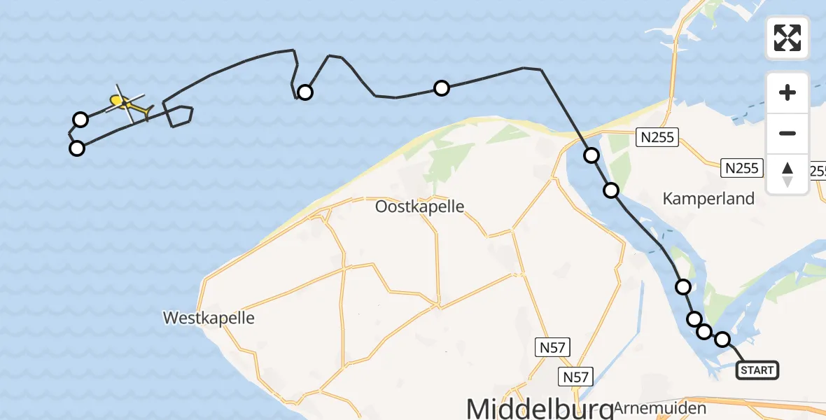 Routekaart van de vlucht: Kustwachthelikopter naar Vlissingen, Oranjeplaatweg