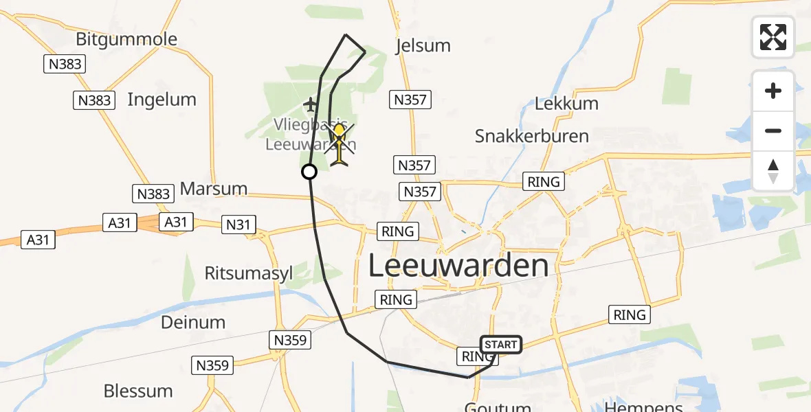 Routekaart van de vlucht: Ambulancehelikopter naar Vliegbasis Leeuwarden, Beatrixstraat