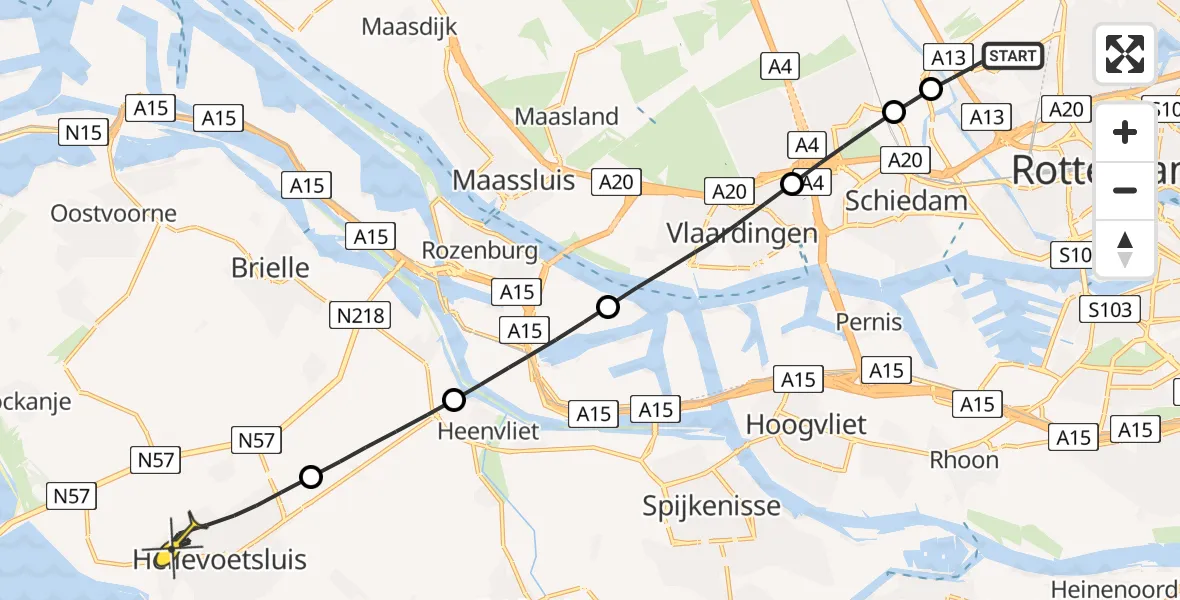 Routekaart van de vlucht: Lifeliner 2 naar Hellevoetsluis, Vliegveldweg