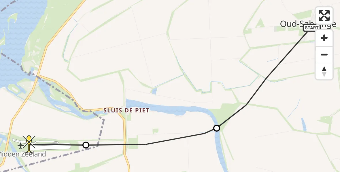 Routekaart van de vlucht: Kustwachthelikopter naar Vliegveld Midden-Zeeland, Bokkeweg