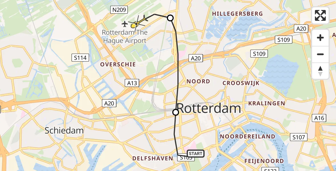 Routekaart van de vlucht: Lifeliner 2 naar Rotterdam The Hague Airport, Claes de Vrieselaan