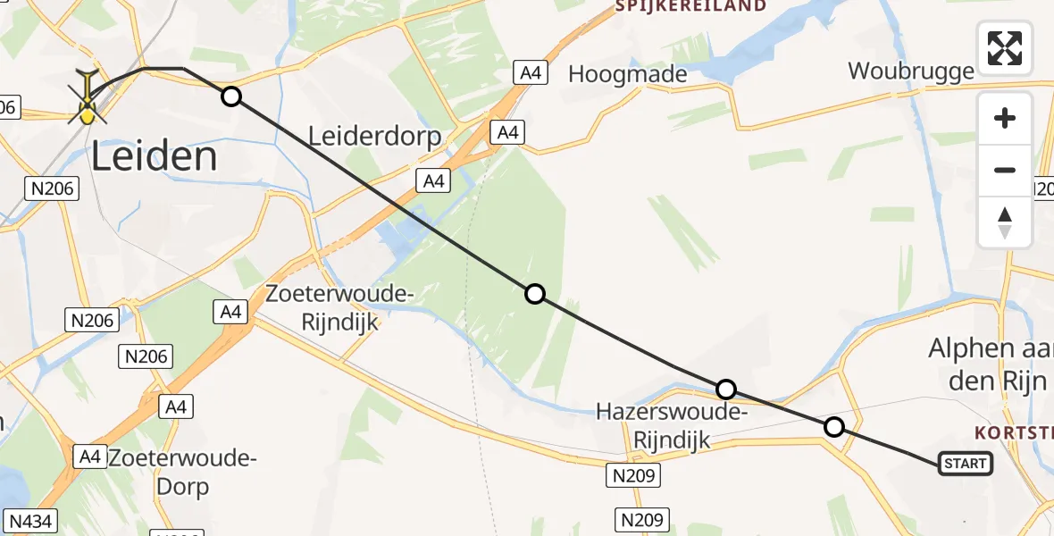 Routekaart van de vlucht: Lifeliner 2 naar Leiden, A. van Leeuwenhoekweg