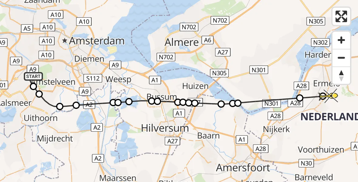 Routekaart van de vlucht: Politieheli naar Ermelo, Amsterdam-Bataviaweg