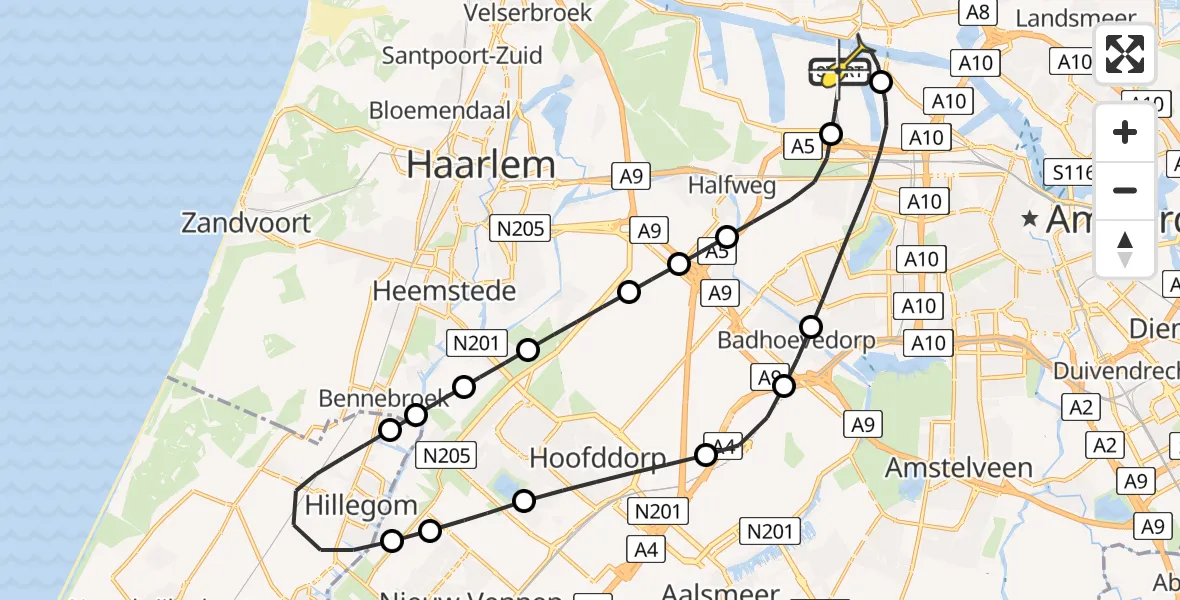 Routekaart van de vlucht: Lifeliner 1 naar Amsterdam Heliport, Nieuw-Zeelandweg