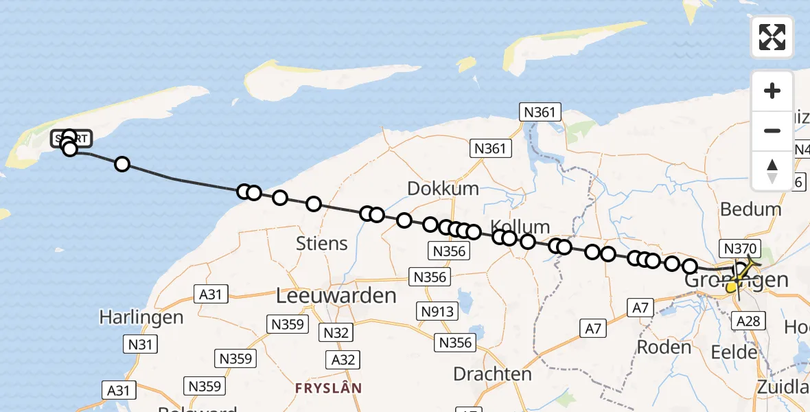 Routekaart van de vlucht: Lifeliner 1 naar Universitair Medisch Centrum Groningen, Kaard