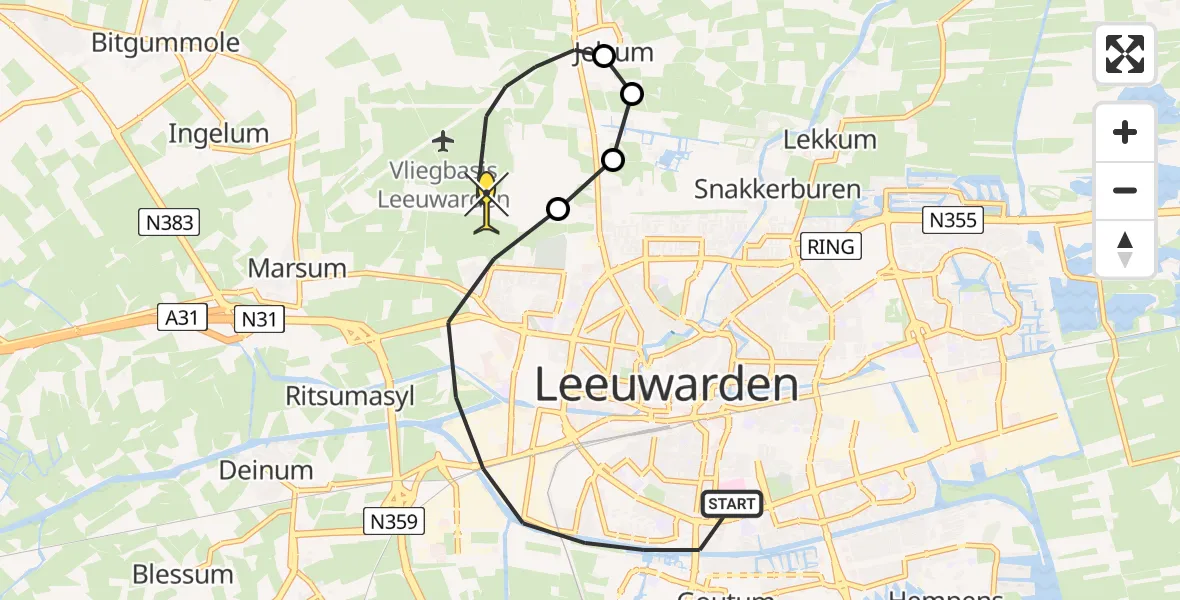 Routekaart van de vlucht: Ambulancehelikopter naar Vliegbasis Leeuwarden, Nijlânsdyk